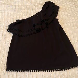 Aqua black one shoulder top from Bloomingdale’s